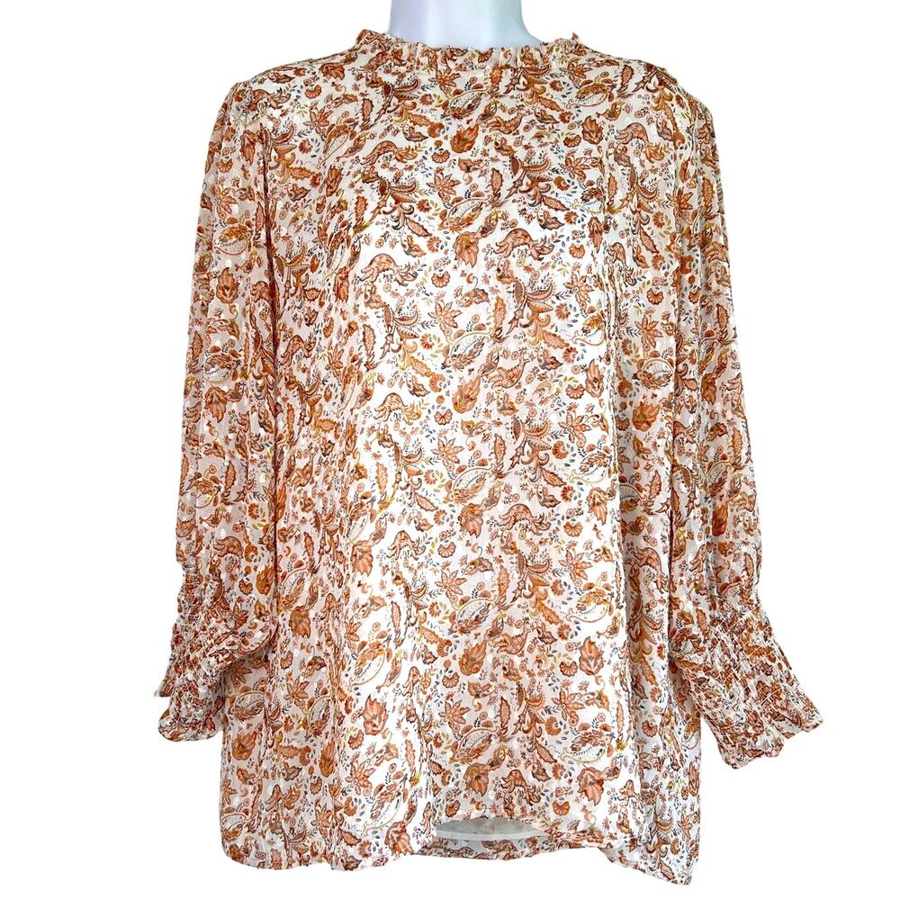 Maison d Amelie Ruffle Neck Puff‎ Sleeve Floral Boho Blouse Size XL Cottage